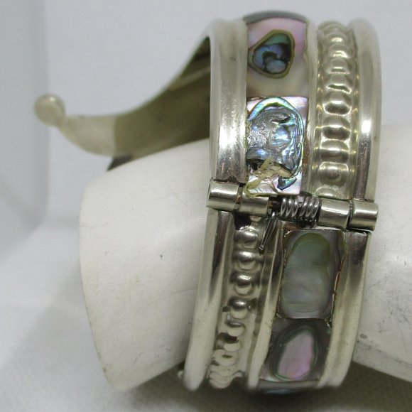 Wide ABALONE MEXICAN SILVER Bracelet Mexican Silver Abalone Swirl Clamper Cuff - Picture 8 of 14